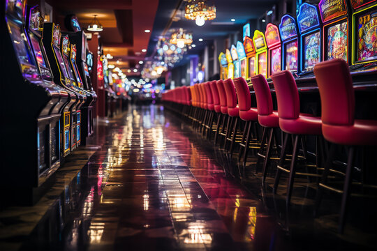 Slot machines in a casino with a neon sign in the background. Generative ai
