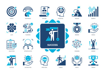 Success icon set. Winner, Potential, Reward, Planning, Target, Luck, Opportunities, Profit, Career, Growth. Duotone color solid icons