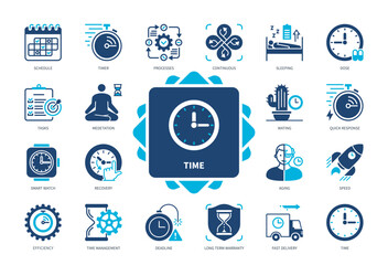 Time icon set. Waiting, Schedule, Efficiency, Process, Smart Watch, Continuous, Deadline, Time Management. Duotone color solid icons