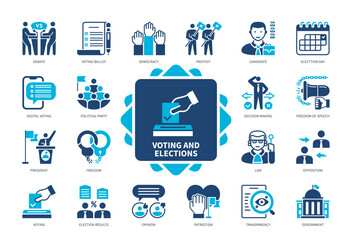 Voting icon set. Candidate, Debate, Law, Democracy, Election, Political Party, Voting Ballot, Protest. Duotone color solid icons