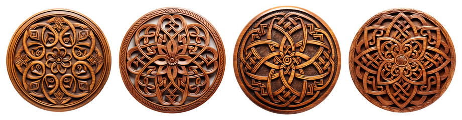 Set of Round Celtic wooden mandala. Ornament Wood carving woodworking. Isolated on transparent background