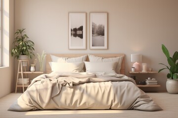 Bedroom, white and cream tones, minimal. Inside a bedroom in a house that is bright, cute and warm with a bed and pillows.