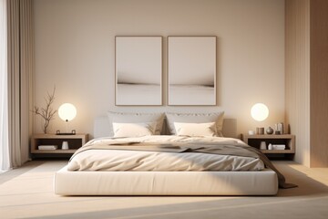 Bedroom, white and cream tones, minimal. Inside a bedroom in a house that is bright, cute and warm with a bed and pillows.