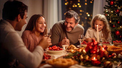 Modern European Family Celebrating Christmas Around Festive Table. Generative AI