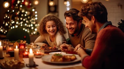 Modern European Family Celebrating Christmas Around Festive Table. Generative AI