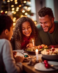 Obraz na płótnie Canvas Multi Racial Family Celebrating Christmas Around Festive Table. Generative AI