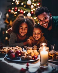 Obraz na płótnie Canvas Multi Racial Family Celebrating Christmas Around Festive Table. Generative AI