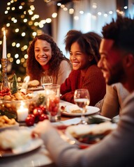 Multi Racial Family Celebrating Christmas Around Festive Table. Generative AI
