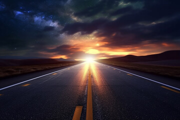 road in the desert at sunset with starry sky and milky way