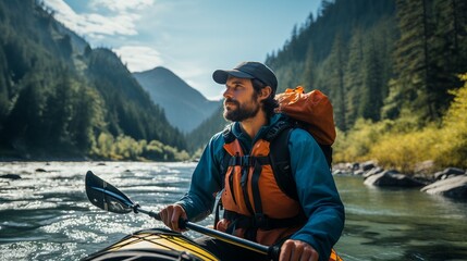 Adventurous Exploration Fishing Canoe Kayak - obrazy, fototapety, plakaty