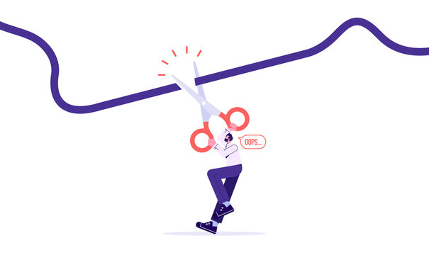Man hold scissors cutting electric wire. Electricity plug and socket disabled. 404 Error, page not found. Connection error