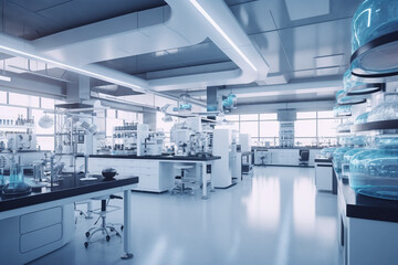 Science laboratory interior with equipment and science experiments. 3d rendering toned image