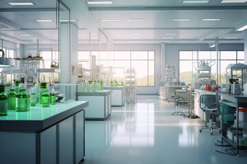 Science laboratory interior with equipment and science experiments. 3d rendering toned image