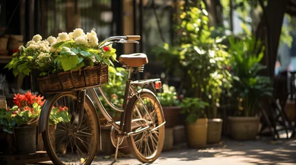 Fototapete Fahrrad Old bicycle with baskets of potted plants