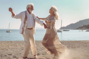 Happy senior couple dancing on the beach at the day time. Concept of active senior people
