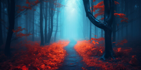 Beautiful mystical forest in blue fog in autumn. Colorful landscape.generative ai