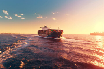 Container Ship in the ocean at sunset. 3D Rendering.