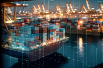 Obraz premium Container Cargo freight ship with working crane bridge for Logistic Import Export background.