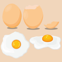 Vector illustration of single egg fried in cartoon flat style. Farmer product, organic food logo and icon for shop, restaurant, etc. Agricultural chicken egg cooking ingredient isolated on pink backgr