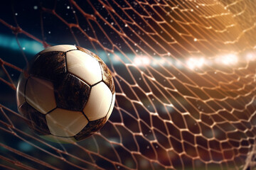 Naklejka premium Soccer ball in goal net. 3d rendering toned image