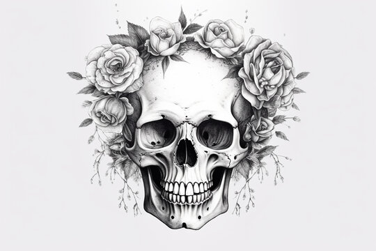 Skull with floral wreath on white background. Hand-drawn illustration.