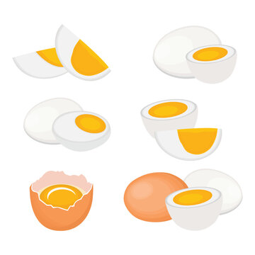 Vector illustration set of eggs in boxes, fried, boiled and cracked in cartoon flat style. Farmer product, organic farm food icons. Poultry production, chicken eggs isolated on white background