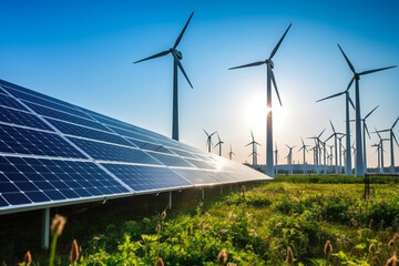 Solar panels and wind turbines generating electricity at sunset. Alternative energy source.