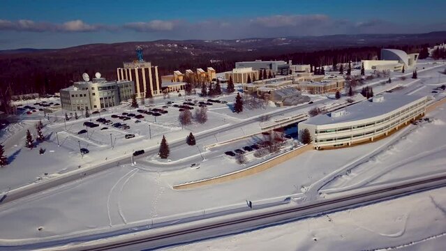 4K Drone Video of University of Alaska Fairbanks on Snowy Winter Day
