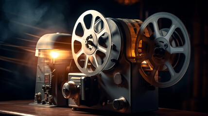 Naklejka premium photograph of A movie projector and film reels on a dark background.generative ai