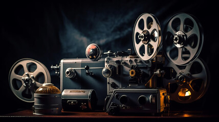 Naklejka premium photograph of A movie projector and film reels on a dark background.generative ai