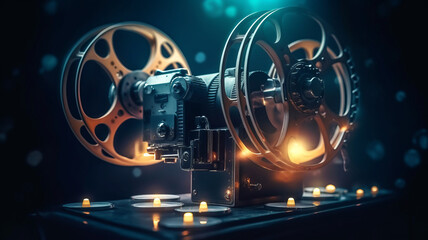 photograph of A movie projector and film reels on a dark background.generative ai