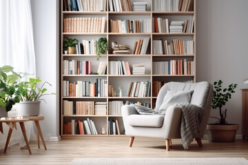 Interior of modern living room with bookshelves and armchair
