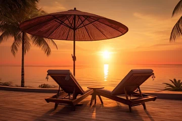 Poster Beautiful Silhouette palm tree umbrella and chair around swimming pool in hotel resort at sunrise © Creative