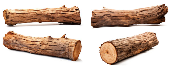 Set of Wooden dry beam, log, part of a tree trunk . Isolated on transparent background