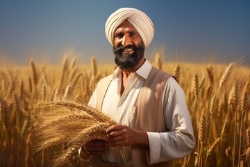 A happy Indian Punjabi farmer wearing traditional turban standing in front of a wheat farm - obrazy, fototapety, plakaty