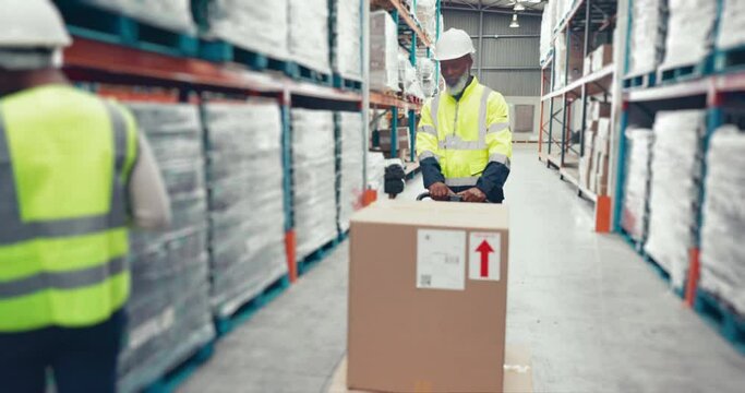 Boxes, factory trolley and black man transport product, cardboard package or stock for safe delivery, supply chain or distribution. Storage warehouse, cart and mature person walk with shipping cargo