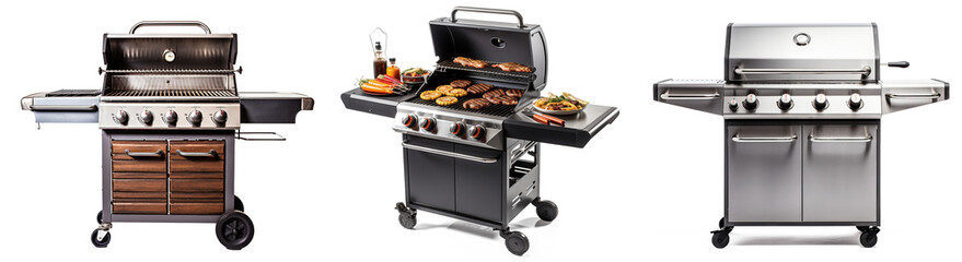 Set of BBQ Grill with Side Burners. Stainless steel gas barbecue station. Outdoor Cooking Station. Isolated on transparent background
