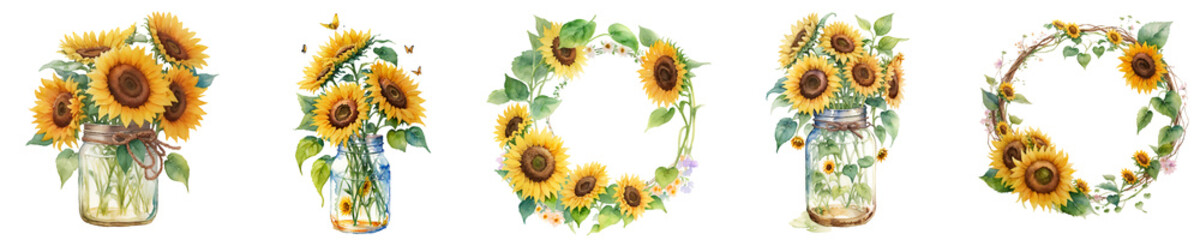 Obraz premium Watercolor Sunflower Wreath And Mason Jars Clipart Collection Transparent Background PNG