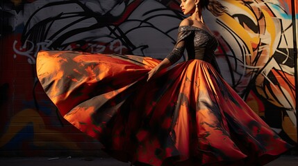 Profile shot of a model wearing haute couture, caught mid-twirl, with dramatic side lighting against an urban graffiti backdrop