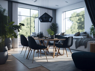 Modern dining room interior design. AI-generated