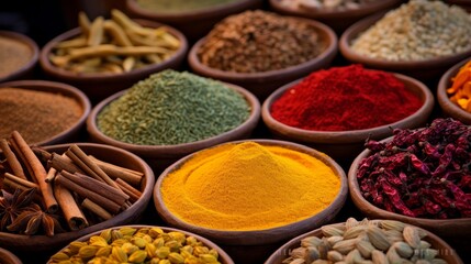  Detailed textures of colorful spices in a market.