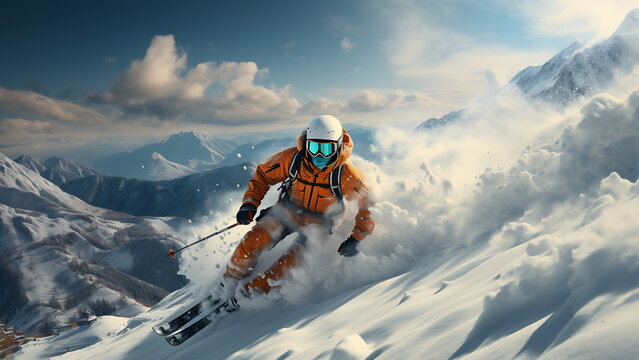 A skier jumps down a steep snowy mountain slope.