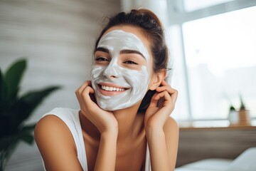 Attractive cheerful Smiling young woman applying face mask skin healthy and treatment therapy in fornt of bathroom mirror morning freshness lifestyle at home - Powered by Adobe