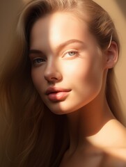 Naklejka premium woman with flawless skin against a white backdrop, accentuated by the soft shadow and gentle illumination of sunshine beautiful woman skincare concept