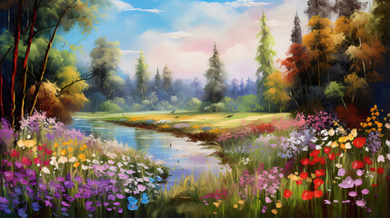 Bright landscape with blooming flowers and colorful forest.