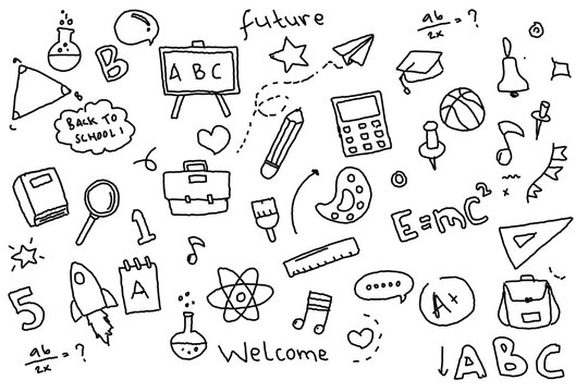 doodle element related to school. Set of hand drawn fresh symbols and icons.