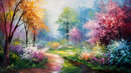 Obraz na płótnie Canvas Bright landscape with blooming flowers and colorful forest. Oil painting.