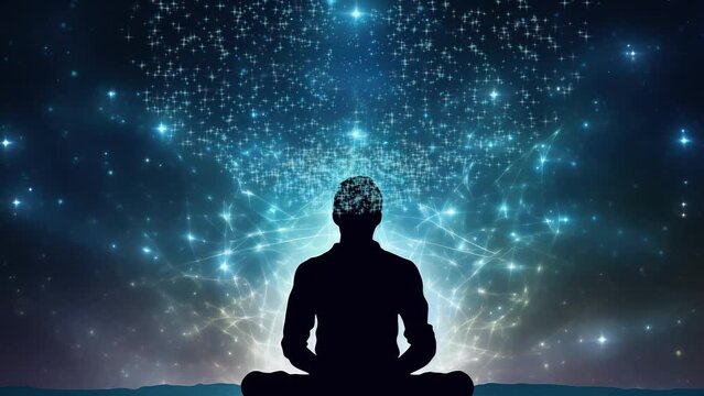 Abstract concept of energy exchange through meditation. Silhouette of a person on a starry background. AI Generative. High quality 4k footage