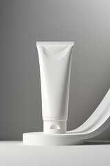 A white tube of cream standing on a white podium. Product presentation. Marketing