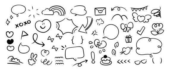Set of cute pen line doodle element vector. Hand drawn doodle style collection of speech bubble, arrow, firework, heart, wind, fart. Design for decoration, sticker, idol poster, social media.